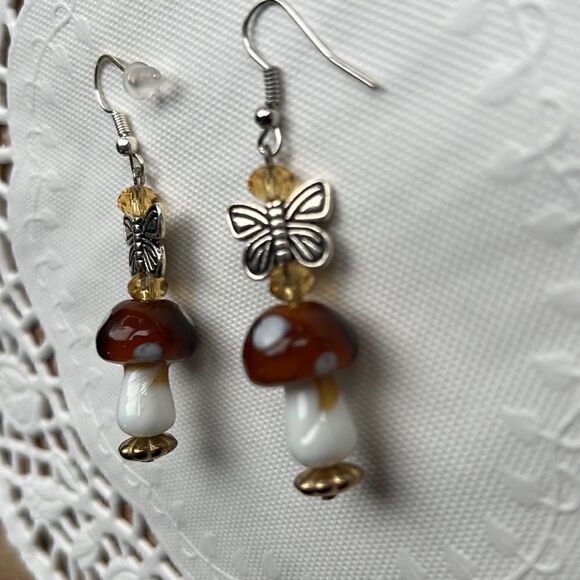 Butterfly Mushroom Earrings, Cottagecore, Dangle, Glass, Gold, Silver - Picture 10 of 11